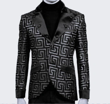 ¡LOUIS VINO: Chaqueta de vestir con diseño de llave griega, purpurina y cuello alto, un clásico moderno para hombres!