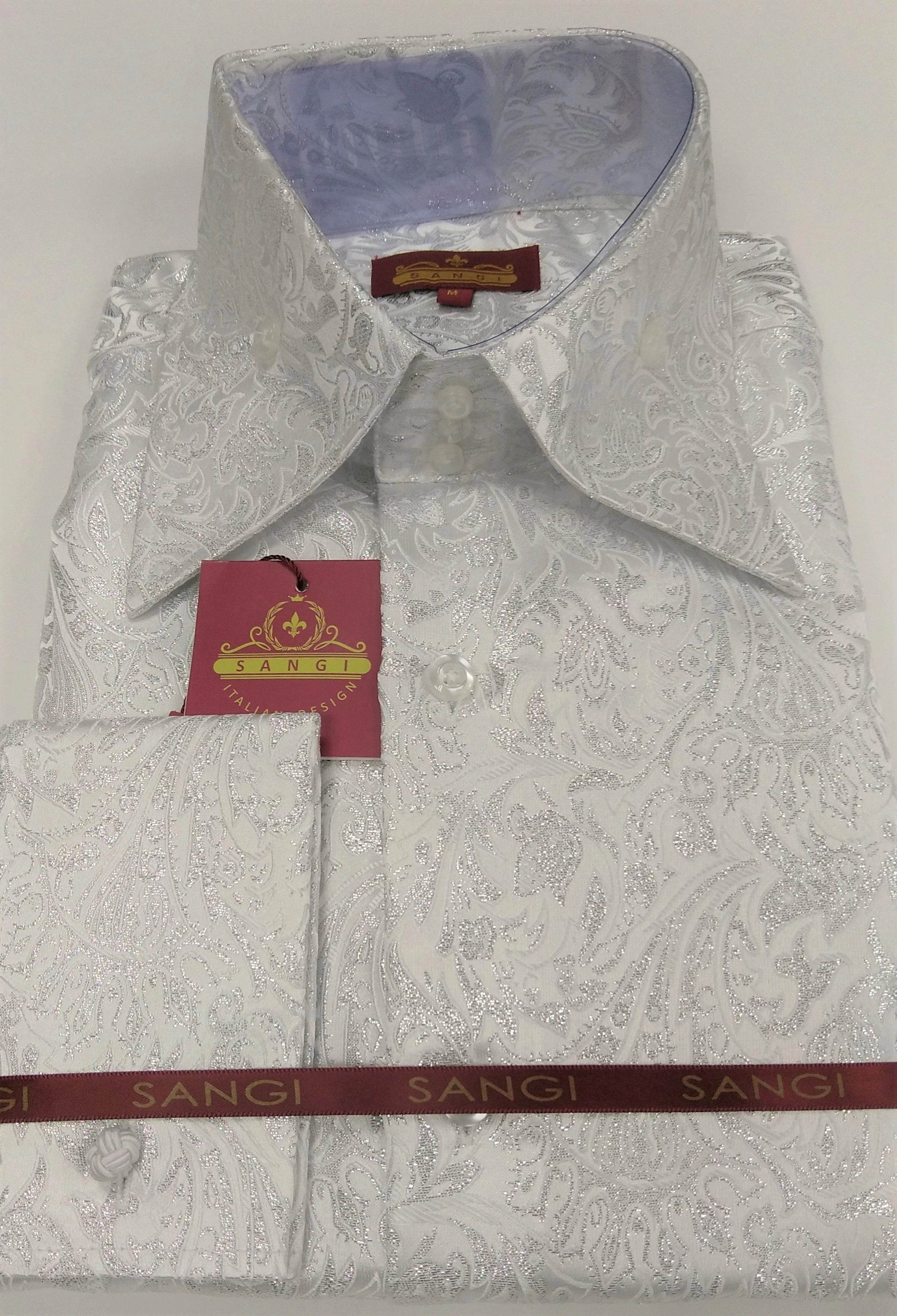 Camisa Jacquard SANGI MILAN: Plata Foil & Paisley, Cuello Alto, Elegancia Incomparable! ¡Atrae Miradas! (Colección 2048)