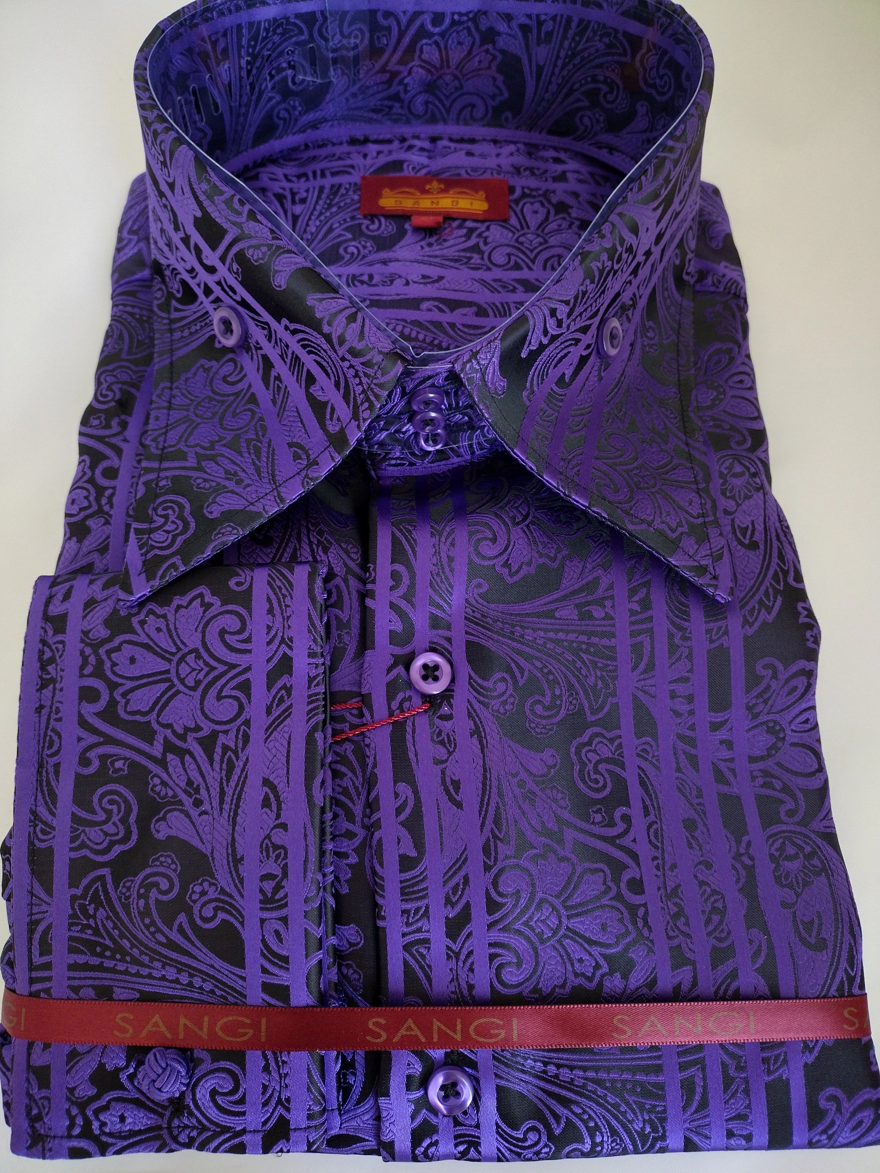Camisa Paisley SANGI MONACO: Elegancia Negra y Púrpura con Cuello Alto y Puños Franceses. Estilo único para hombres.