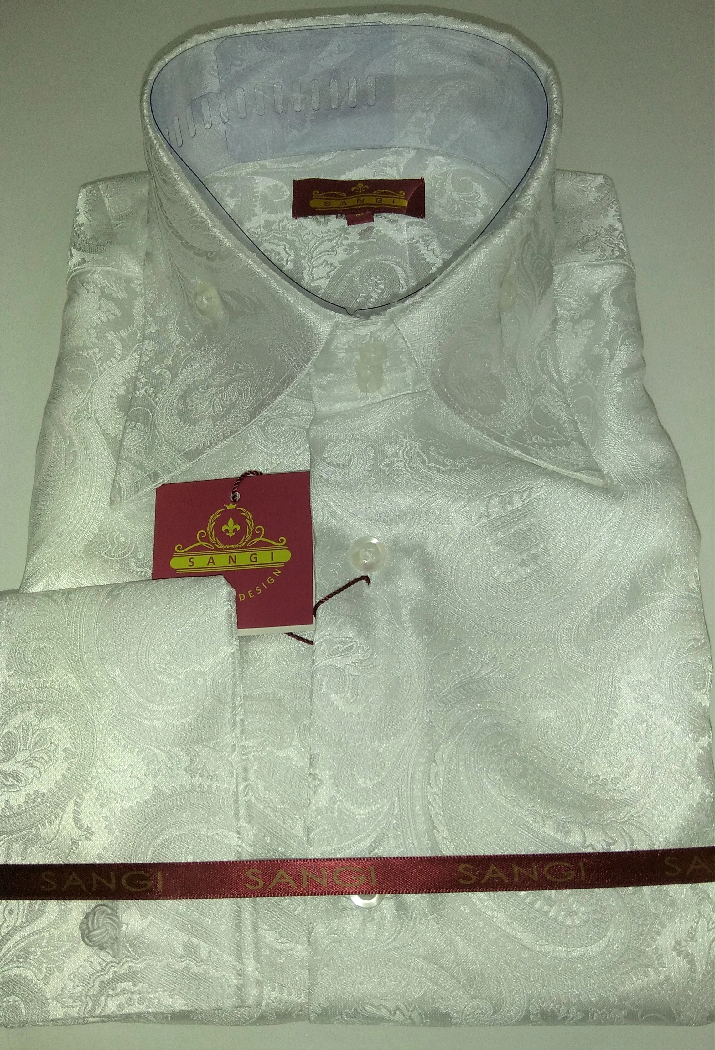 Camisa SANGI MILAN Hombre Blanca Paisley Brillante Cuello Alto Elegancia Italiana Ref 2035