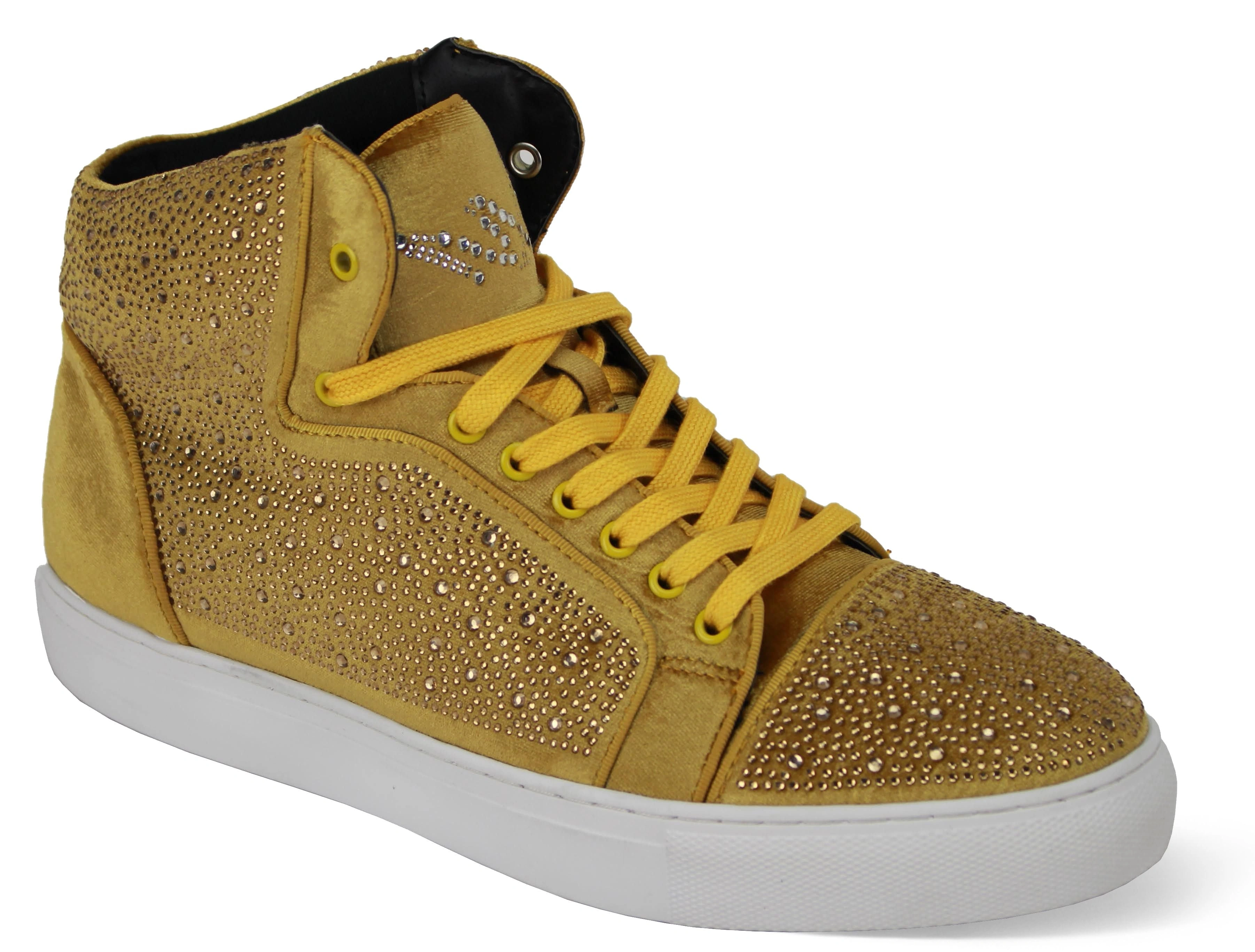 Zapatos de vestir de terciopelo amarillo dorado con incrustaciones brillantes, ¡un toque de glamour!